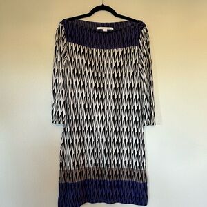 DVF Diane Von Furstenberg Womens A Line Silk Dress White Geometric Boat Neck